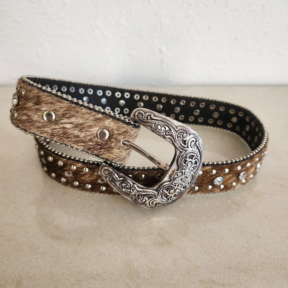 Nocona Brown Cowhide Hair On and Silver Rhinestone Studded Western Belt Sz 22in